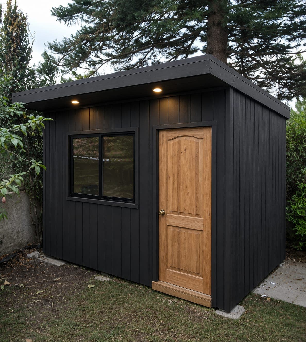 Modulo oficina negro con puerta madera clara