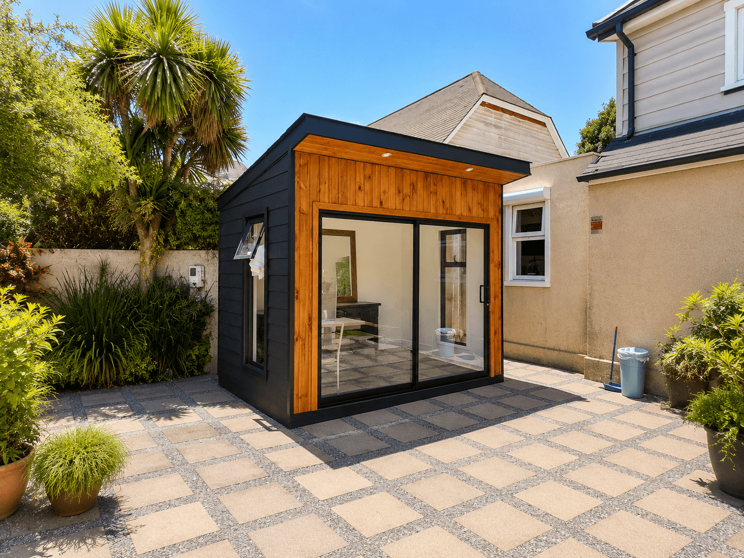 Oficina modular exterior de madera instalada en jardín — Constructora BDM